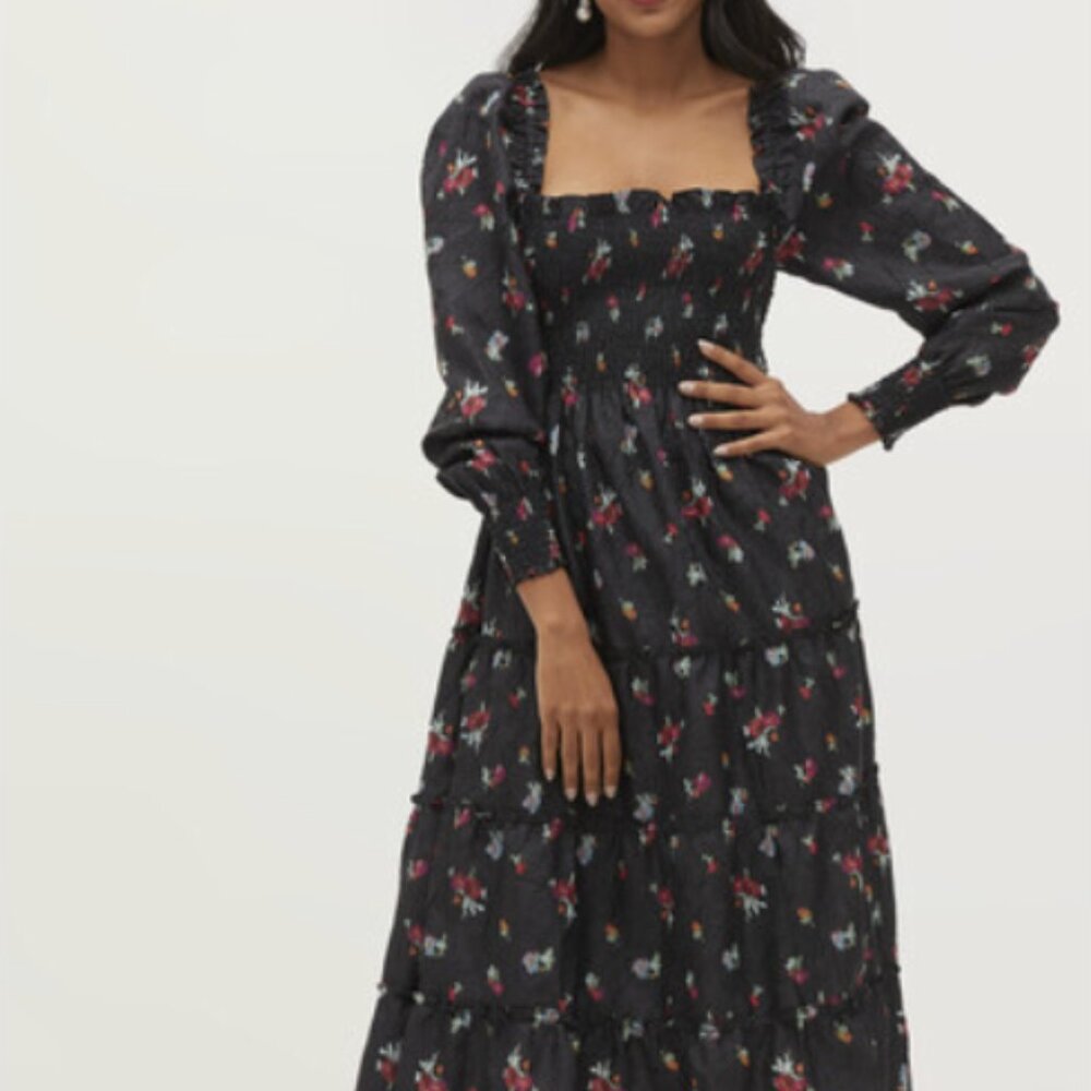 Hill House Naomi Nap Dress, black ikat floral crushed taffeta size L